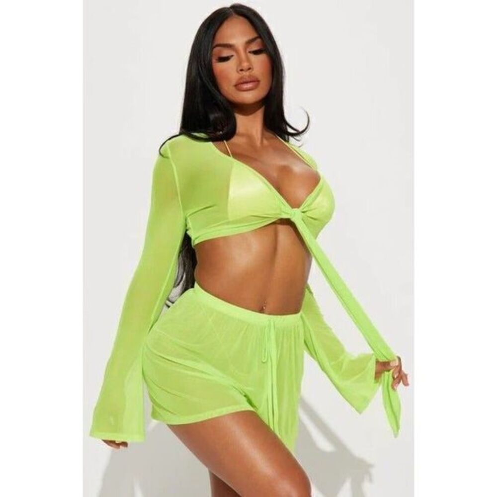 Green‎ 2 Piece Mesh Cover Up Front Tie Top Size Large RefM010